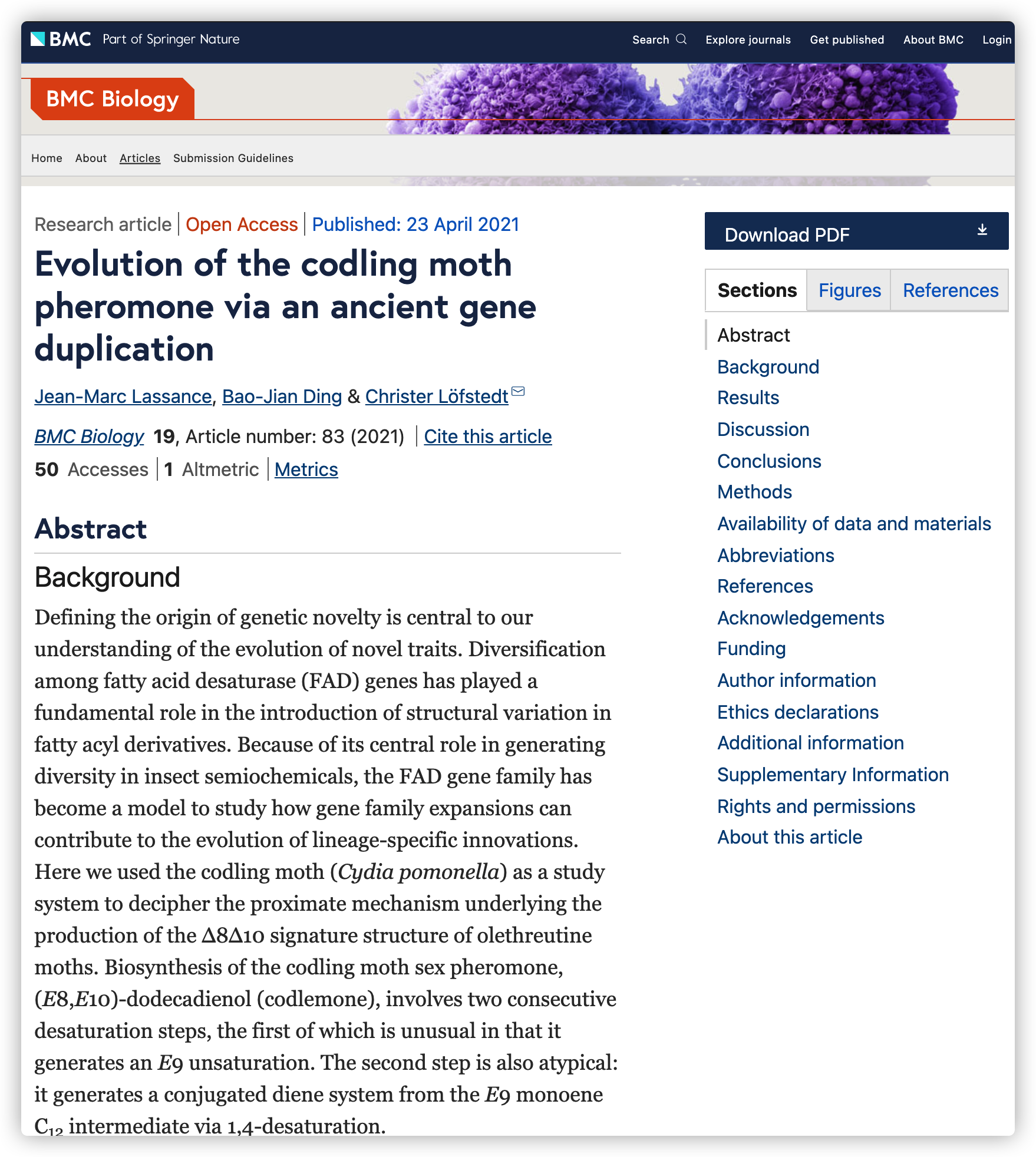 Evolution of the codling moth pheromone via an ancient gene duplication